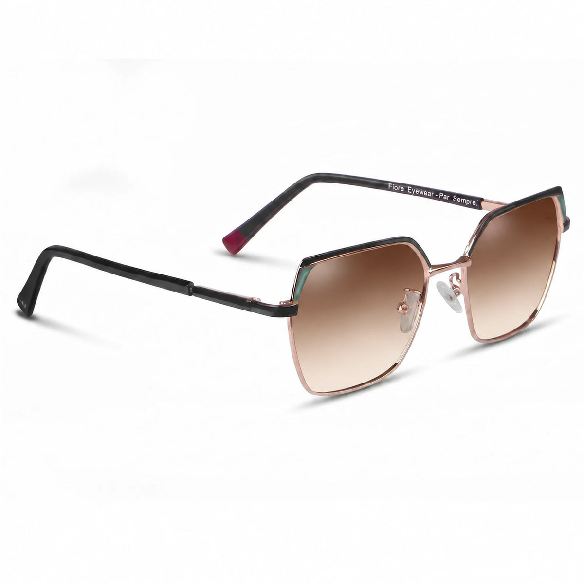 Fiore 3971 geometric sunglasses, black steel frame, gradient brown polarized lens, three-quarter view · ReFramed