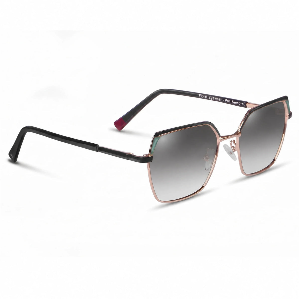Fiore 3971 geometric sunglasses, black steel frame, gradient gray polarized lens, three-quarter view · ReFramed