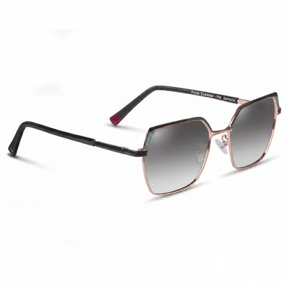 Fiore 3971 geometric sunglasses, black steel frame, gradient gray polarized lens, three-quarter view · ReFramed