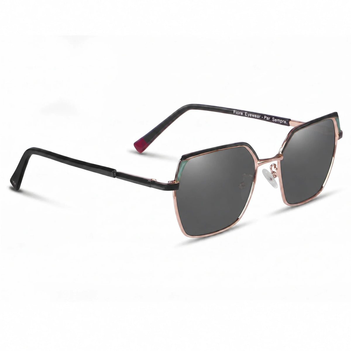 Fiore 3971 geometric sunglasses, black steel frame, black polarized lens, three-quarter view · ReFramed