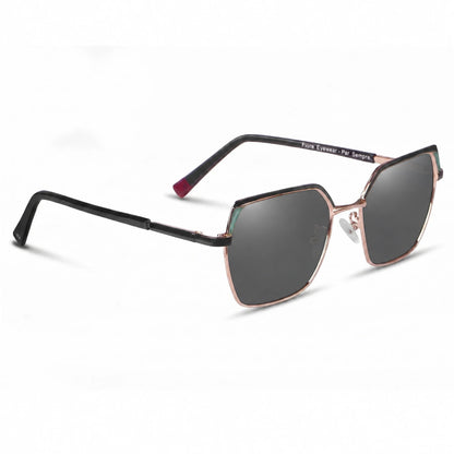 Fiore 3971 geometric sunglasses, black steel frame, black polarized lens, three-quarter view · ReFramed