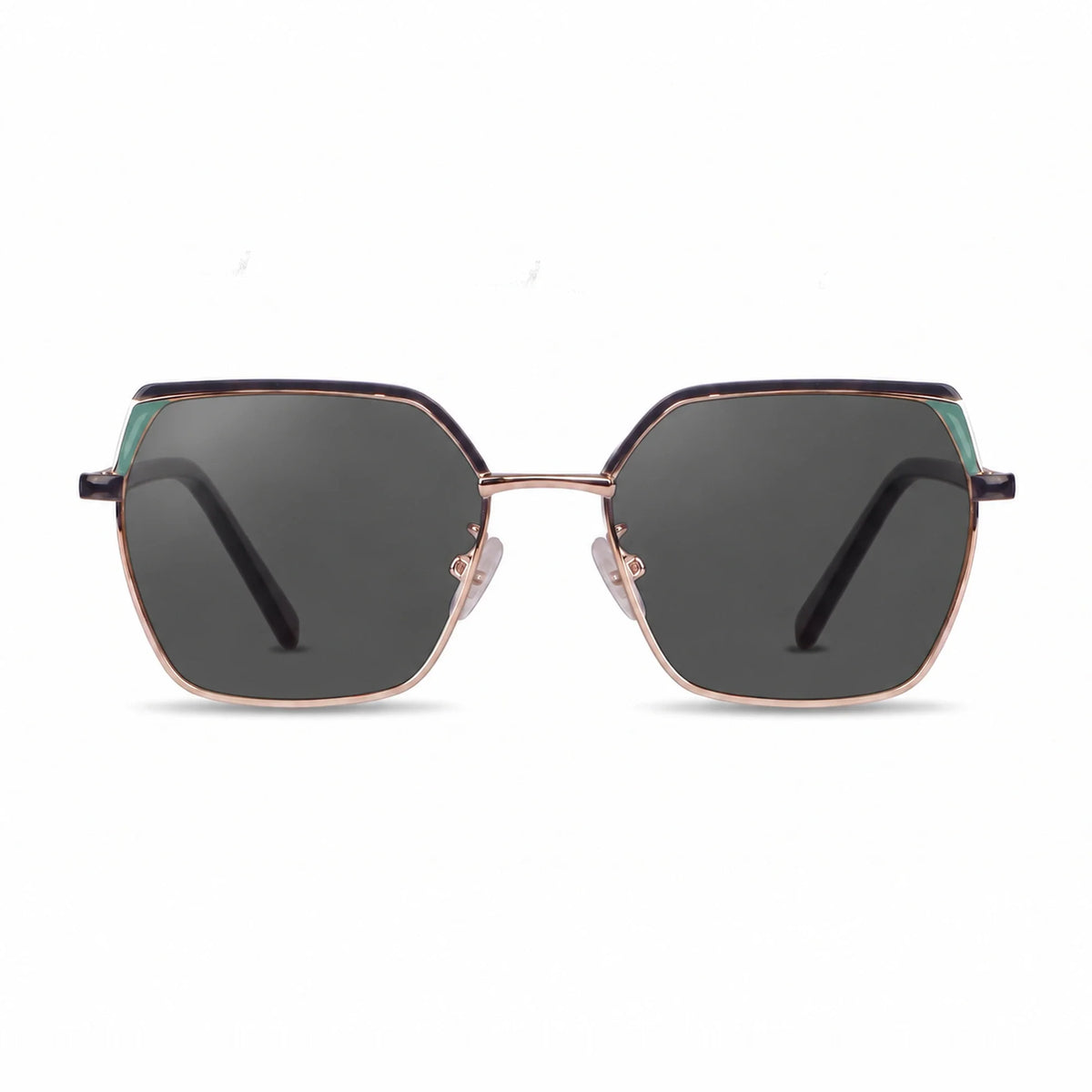 Fiore 3971 geometric sunglasses, black steel frame, black polarized lens, front view · ReFramed