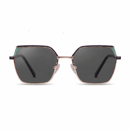 Fiore 3971 geometric sunglasses, black steel frame, black polarized lens, front view · ReFramed