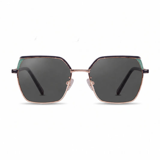Fiore 3971 geometric sunglasses, black steel frame, black polarized lens, front view · ReFramed
