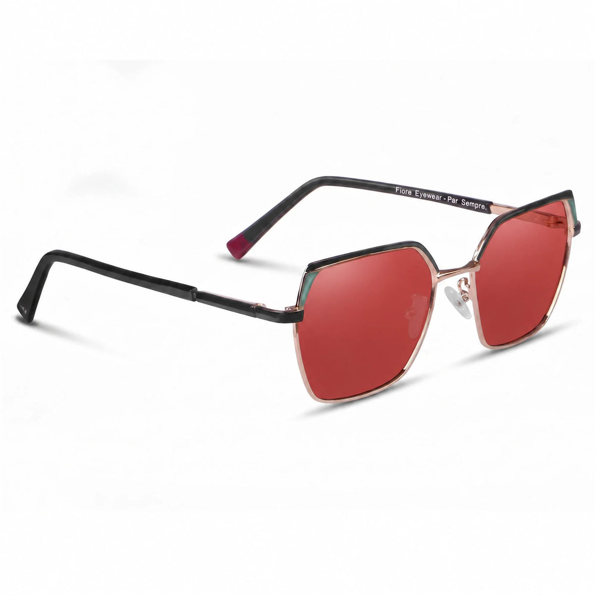 Fiore 3971 geometric sunglasses, black steel frame, red polarized lens, three-quarter view · ReFramed