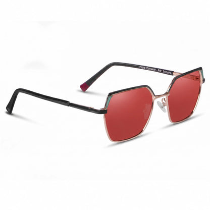 Fiore 3971 geometric sunglasses, black steel frame, red polarized lens, three-quarter view · ReFramed
