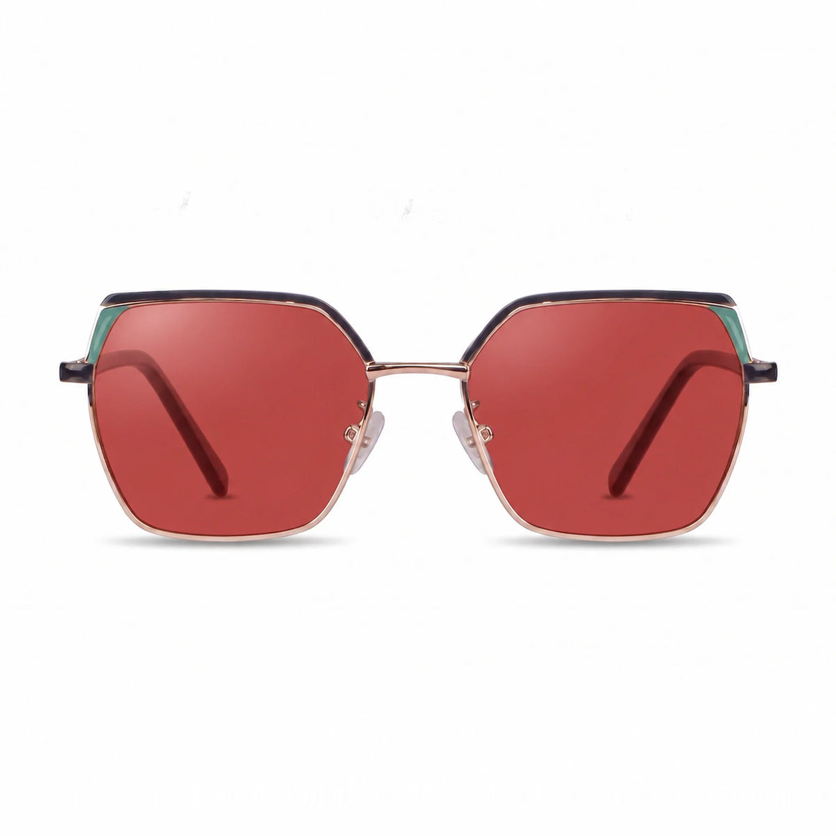 Fiore 3971 geometric sunglasses, black steel frame, red polarized lens, front view · ReFramed