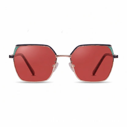 Fiore 3971 geometric sunglasses, black steel frame, red polarized lens, front view · ReFramed