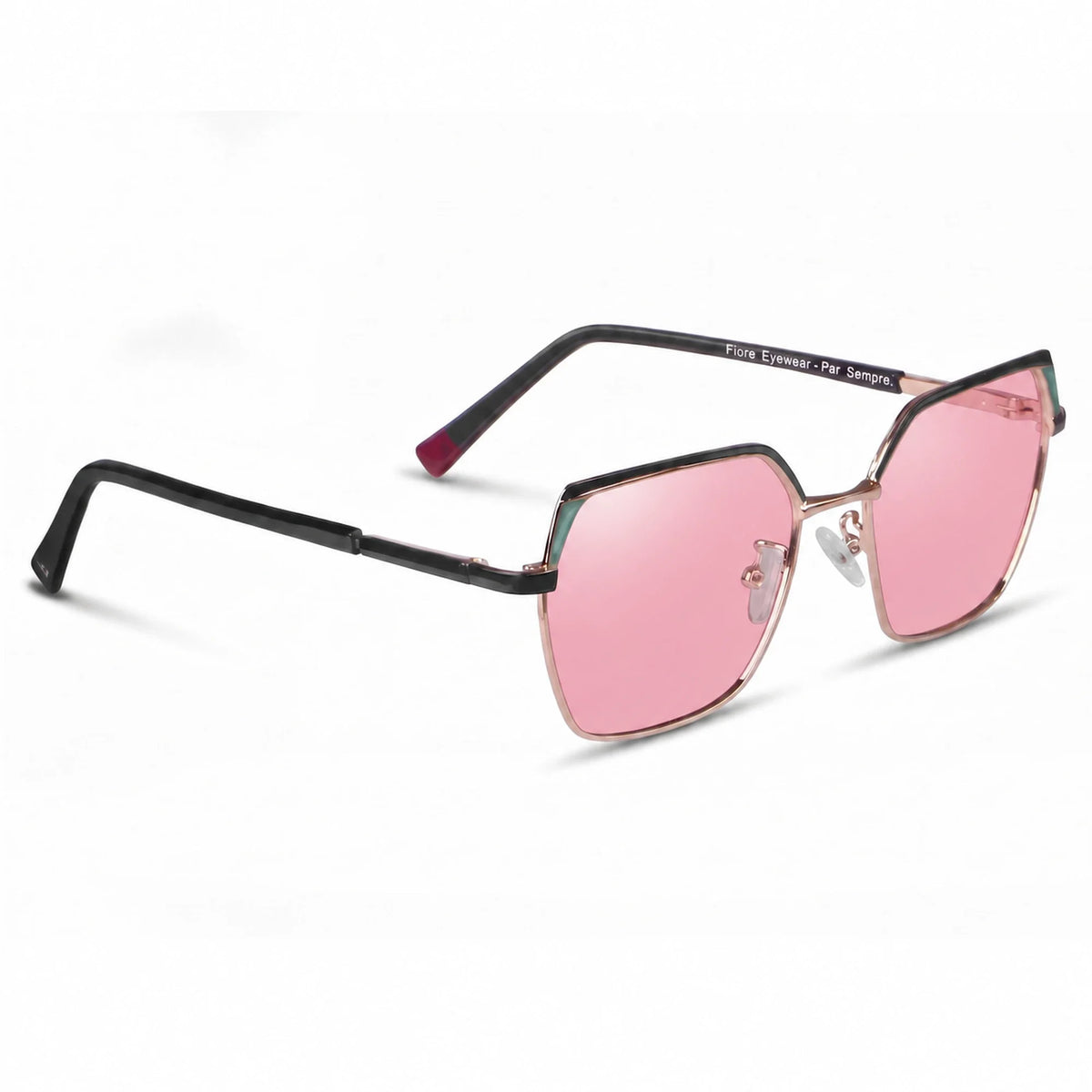 Fiore 3971 geometric sunglasses, black steel frame, pink polarized lens, three-quarter view · ReFramed