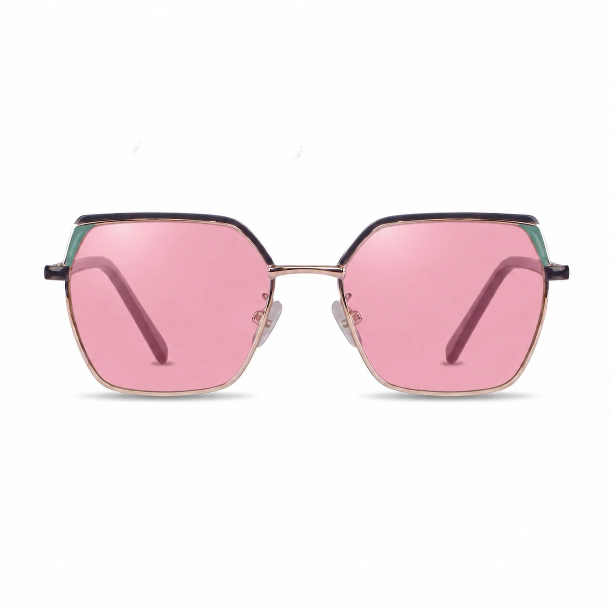 Fiore 3971 geometric sunglasses, black steel frame, pink polarized lens, front view · ReFramed