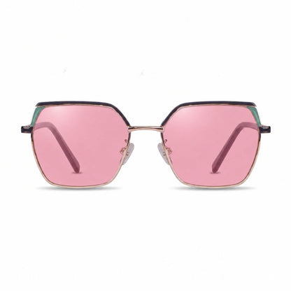 Fiore 3971 geometric sunglasses, black steel frame, pink polarized lens, front view · ReFramed