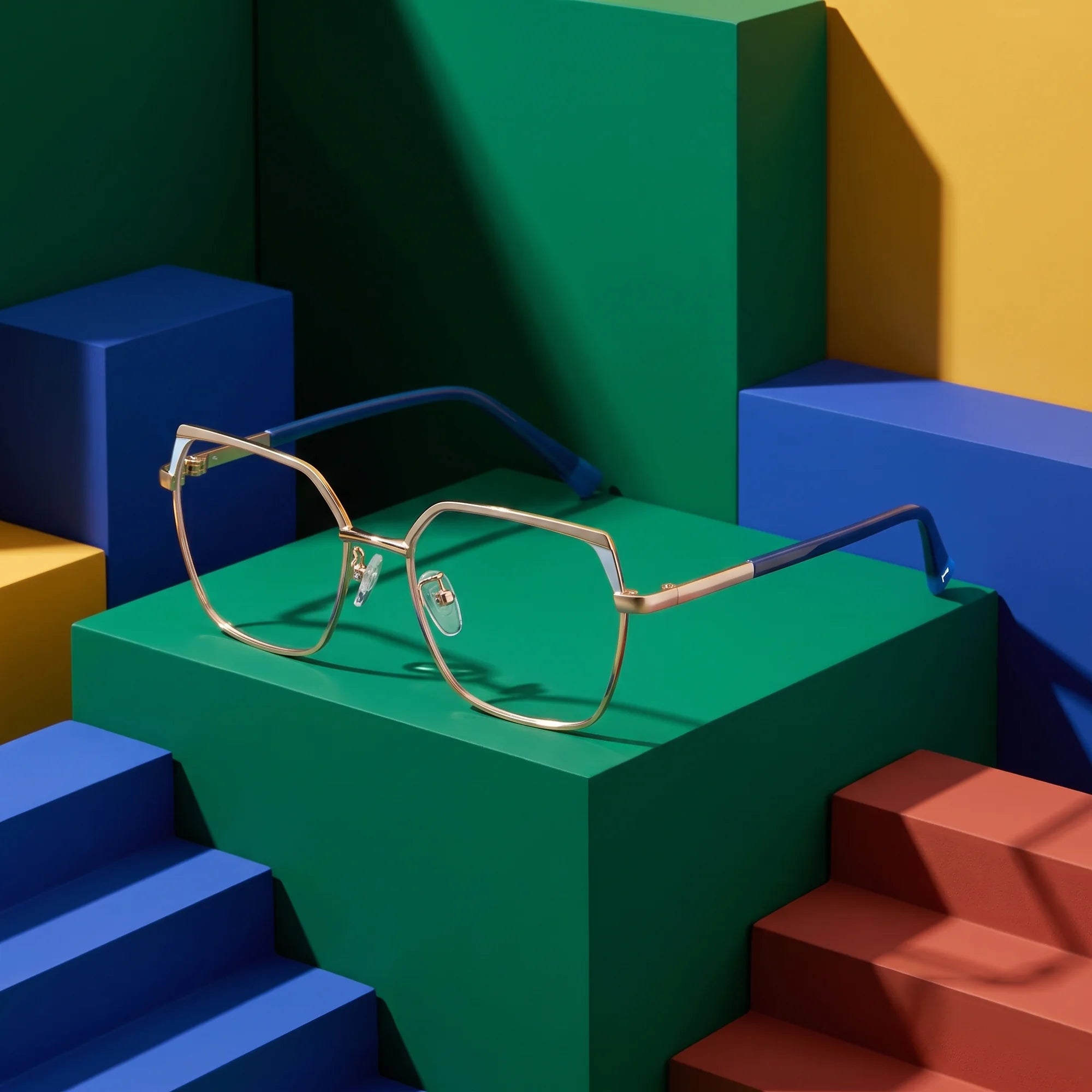 Fiore 3971 eyeglasses in grey gold – on bold primary color-block steps