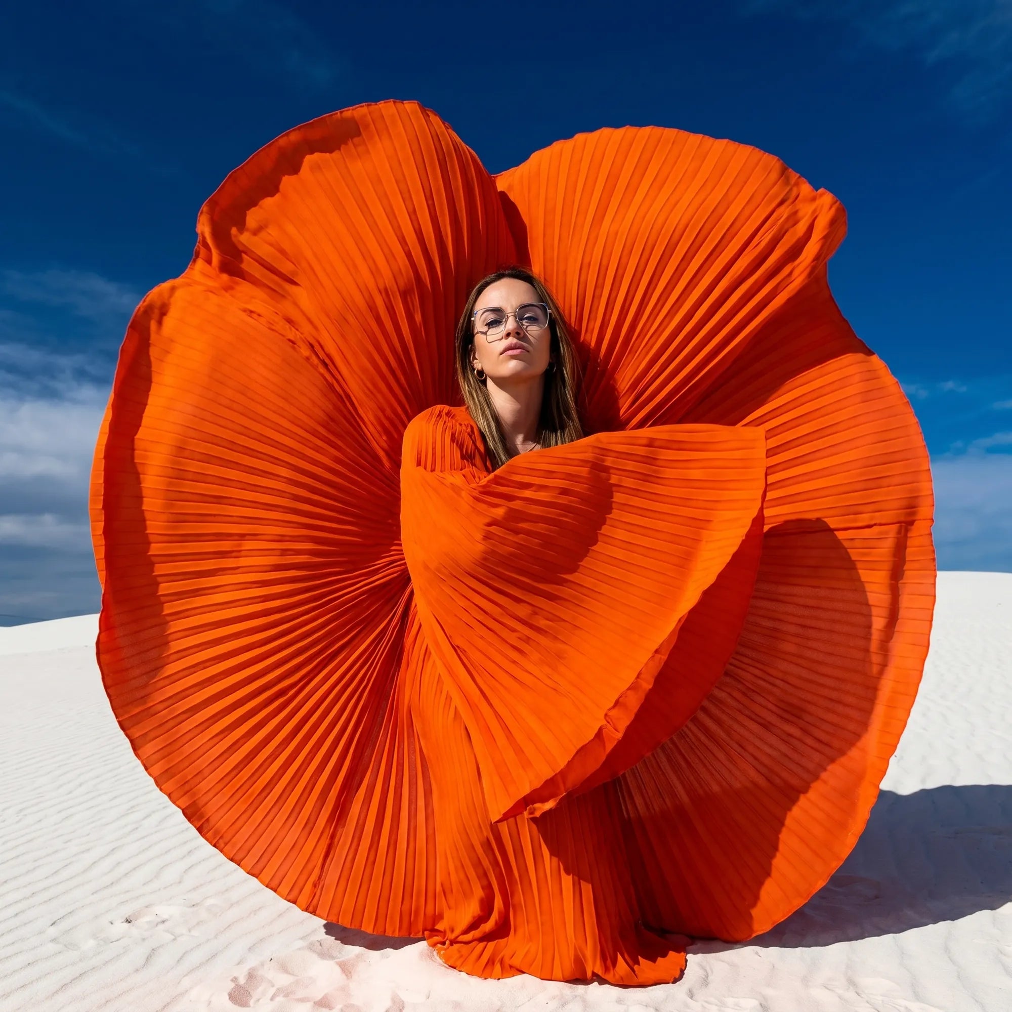 Fiore 3971 eyeglasses in grey gold, worn by a model – campaign portrait, sculptural orange pleated fan on white dunes