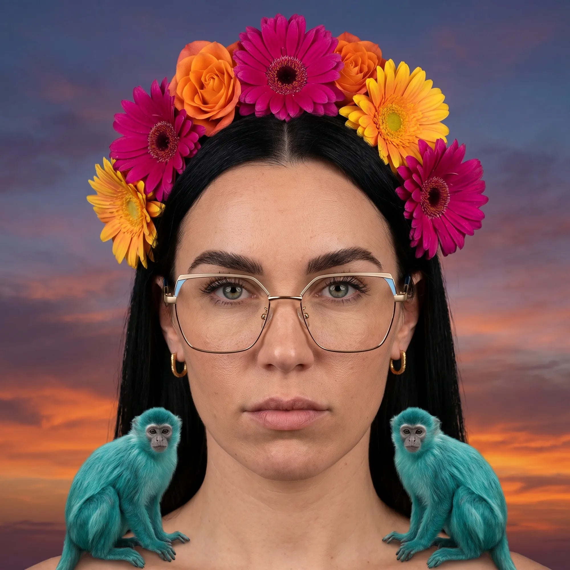 Fiore 3971 eyeglasses in grey gold, worn by a model – campaign portrait, surreal painted portrait with flower crown