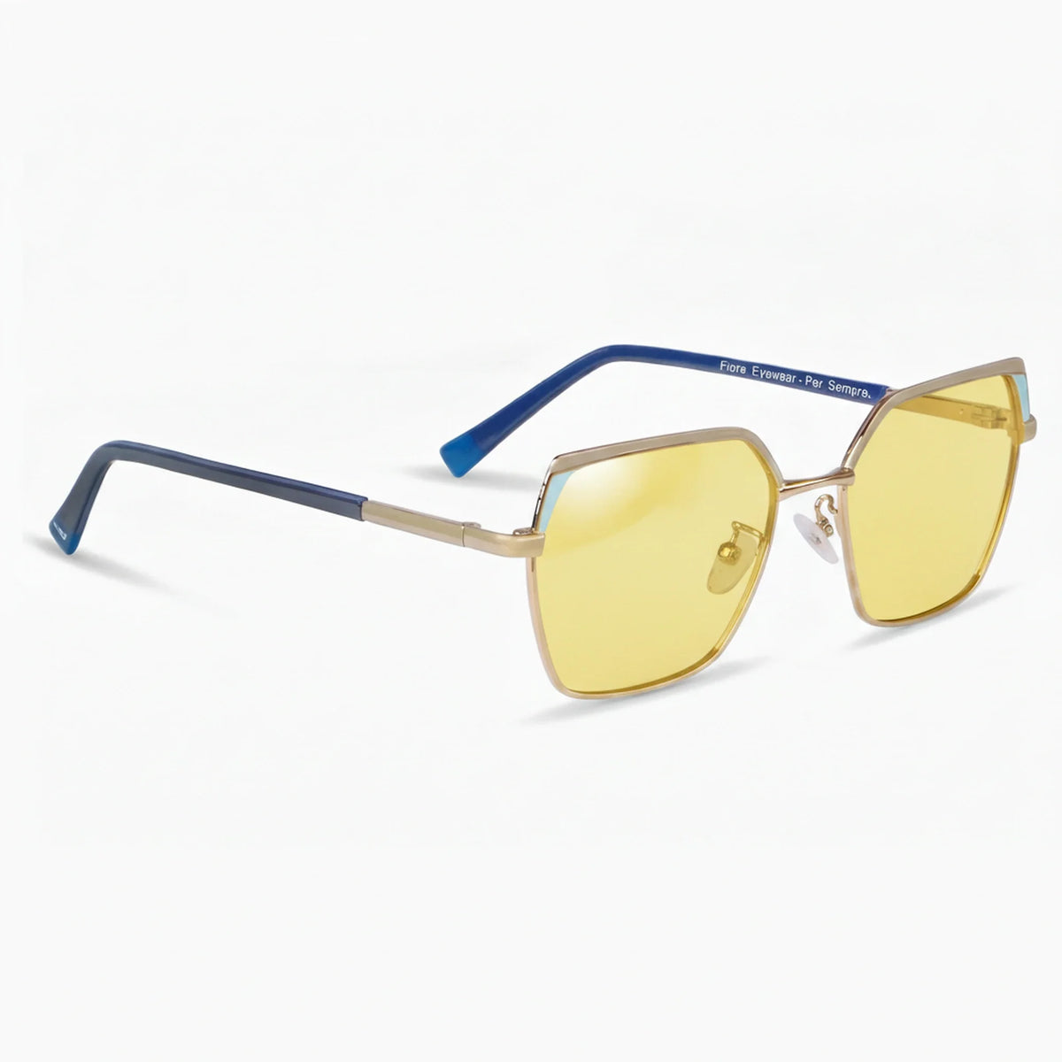 Fiore 3971 geometric sunglasses, gold steel frame, yellow polarized lens, three-quarter view · ReFramed