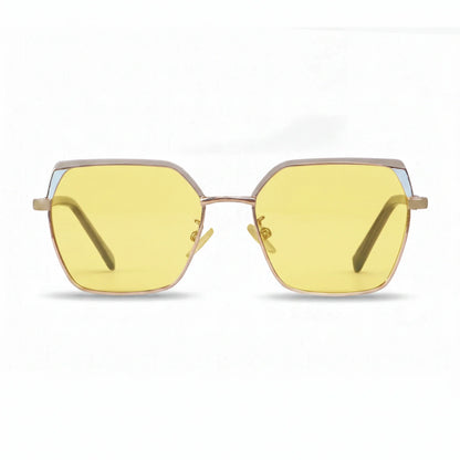 Fiore 3971 geometric sunglasses, gold steel frame, yellow polarized lens, front view · ReFramed