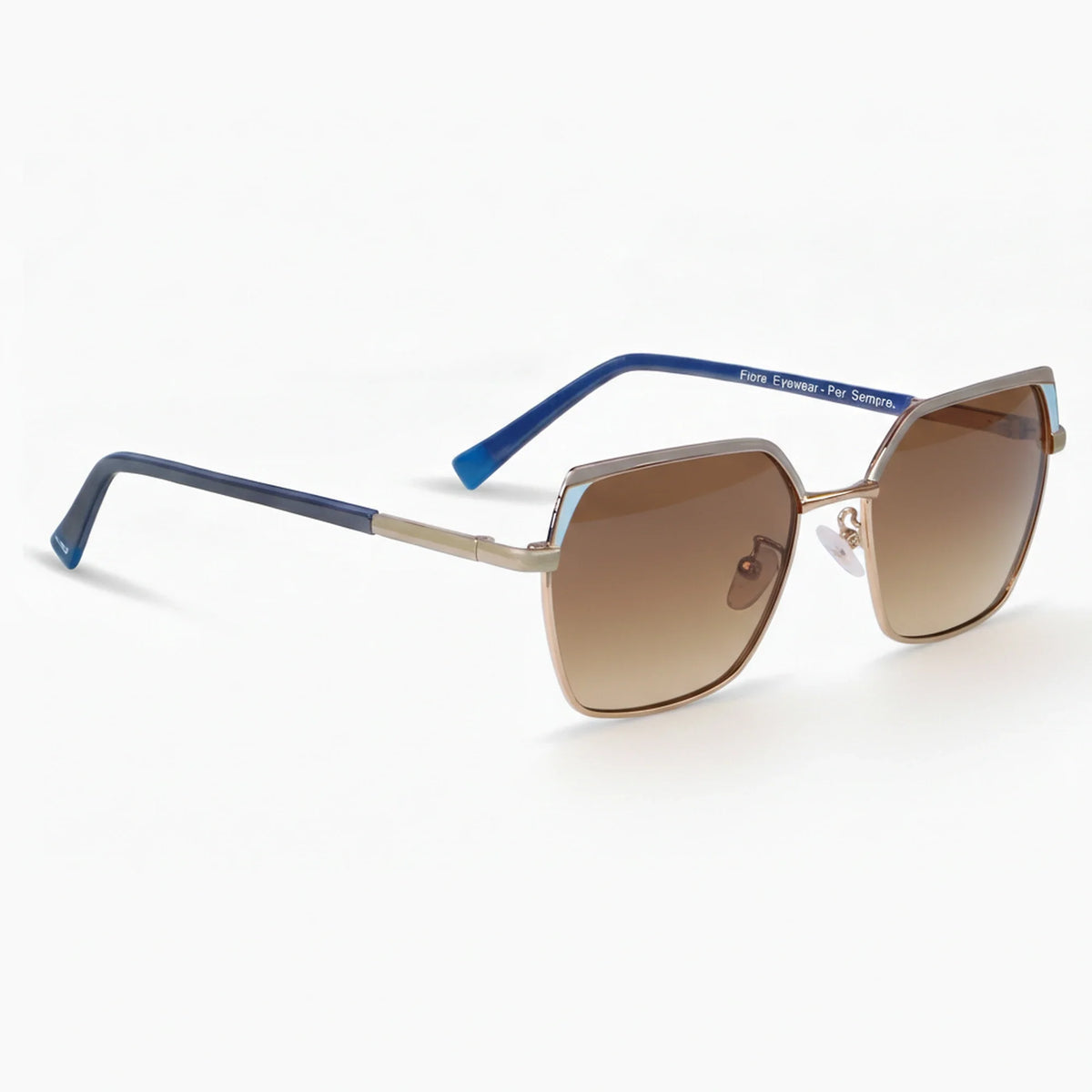 Fiore 3971 geometric sunglasses, gold steel frame, brown polarized lens, three-quarter view · ReFramed