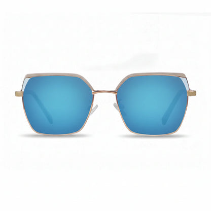 Fiore 3971 geometric sunglasses, gold steel frame, mirrored blue polarized lens, front view · ReFramed