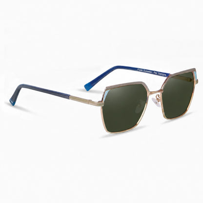 Fiore 3971 geometric sunglasses, gold steel frame, G15 polarized lens, three-quarter view · ReFramed