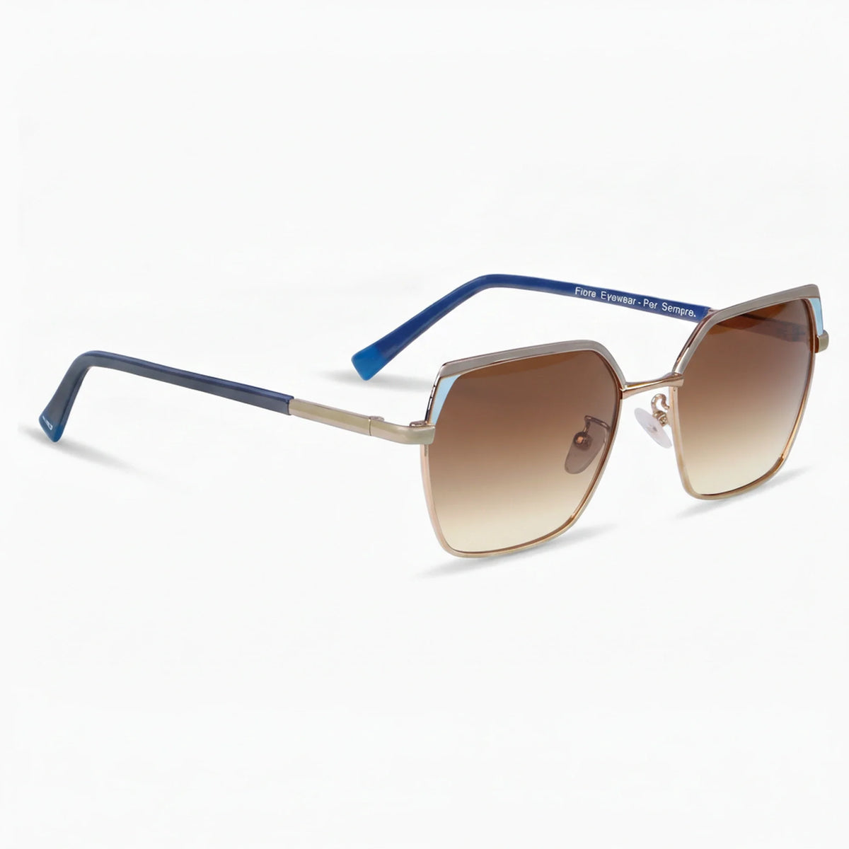 Fiore 3971 geometric sunglasses, gold steel frame, gradient brown polarized lens, three-quarter view · ReFramed