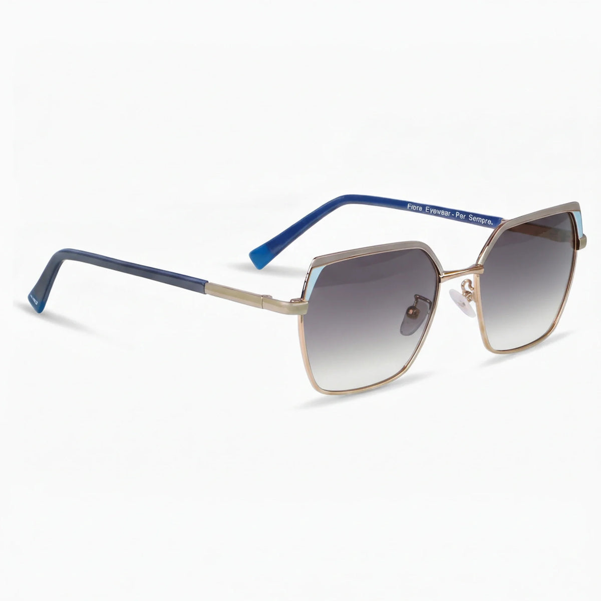 Fiore 3971 geometric sunglasses, gold steel frame, gradient gray polarized lens, three-quarter view · ReFramed