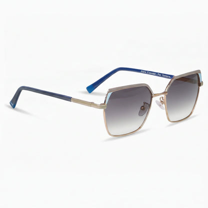 Fiore 3971 geometric sunglasses, gold steel frame, gradient gray polarized lens, three-quarter view · ReFramed