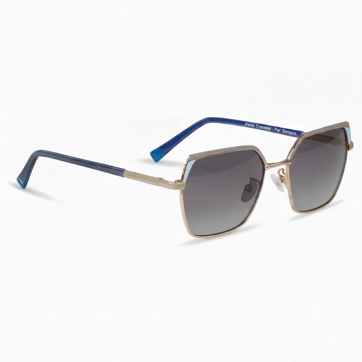 Fiore 3971 geometric sunglasses, gold steel frame, black polarized lens, three-quarter view · ReFramed