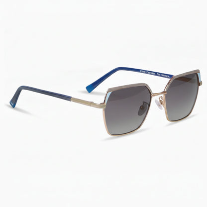 Fiore 3971 geometric sunglasses, gold steel frame, black polarized lens, three-quarter view · ReFramed