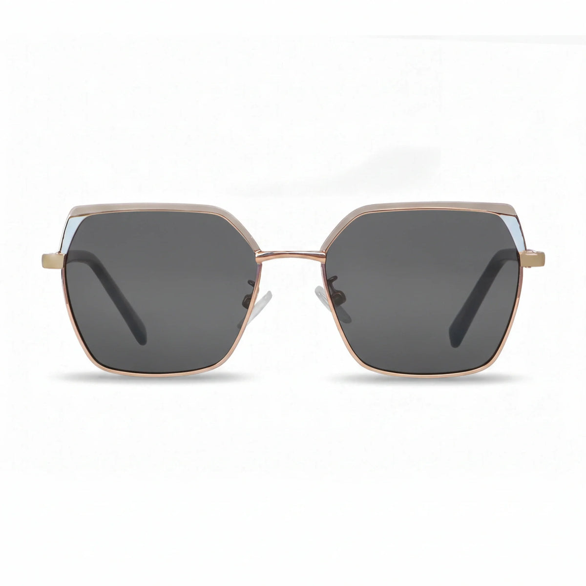 Fiore 3971 geometric sunglasses, gold steel frame, black polarized lens, front view · ReFramed
