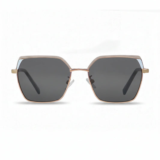 Fiore 3971 geometric sunglasses, gold steel frame, black polarized lens, front view · ReFramed