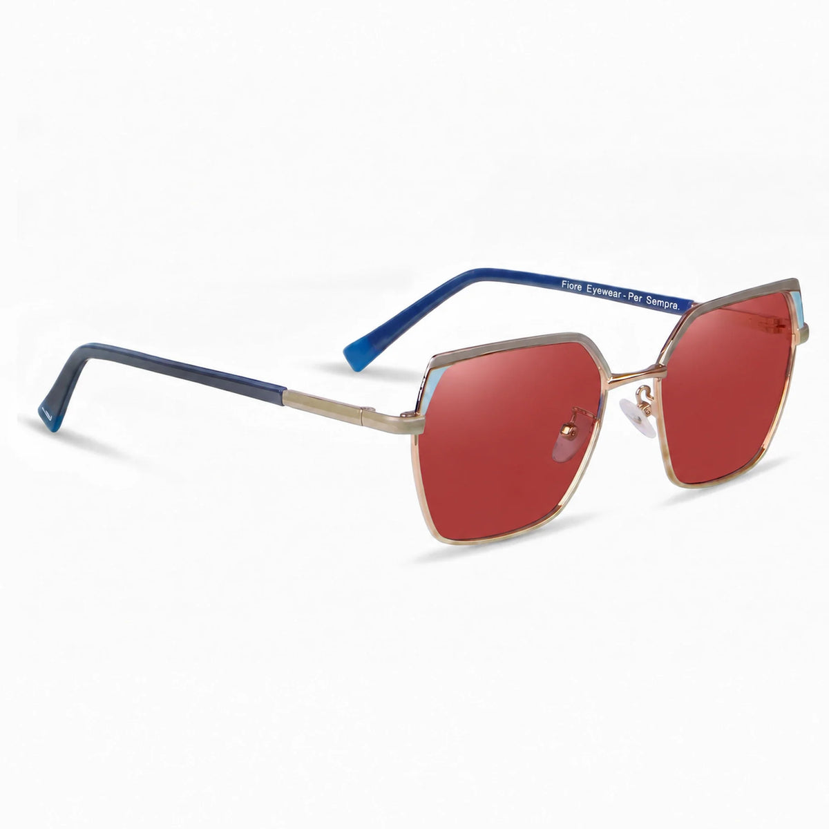 Fiore 3971 geometric sunglasses, gold steel frame, red polarized lens, three-quarter view · ReFramed