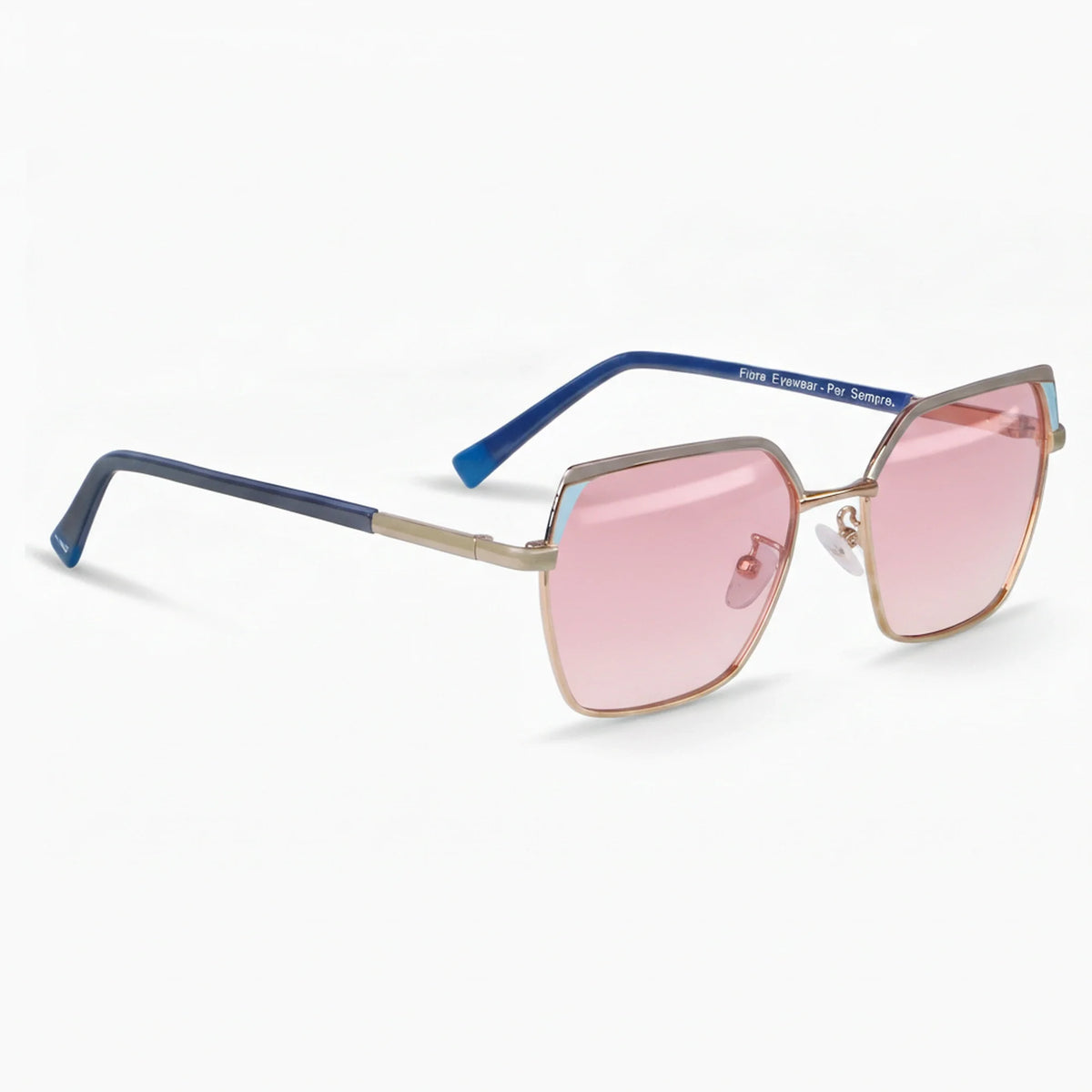 Fiore 3971 geometric sunglasses, gold steel frame, pink polarized lens, three-quarter view · ReFramed