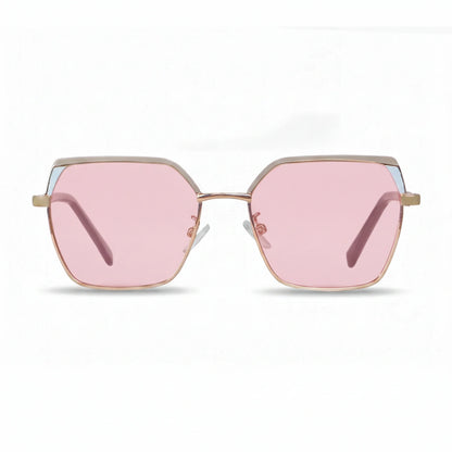 Fiore 3971 geometric sunglasses, gold steel frame, pink polarized lens, front view · ReFramed