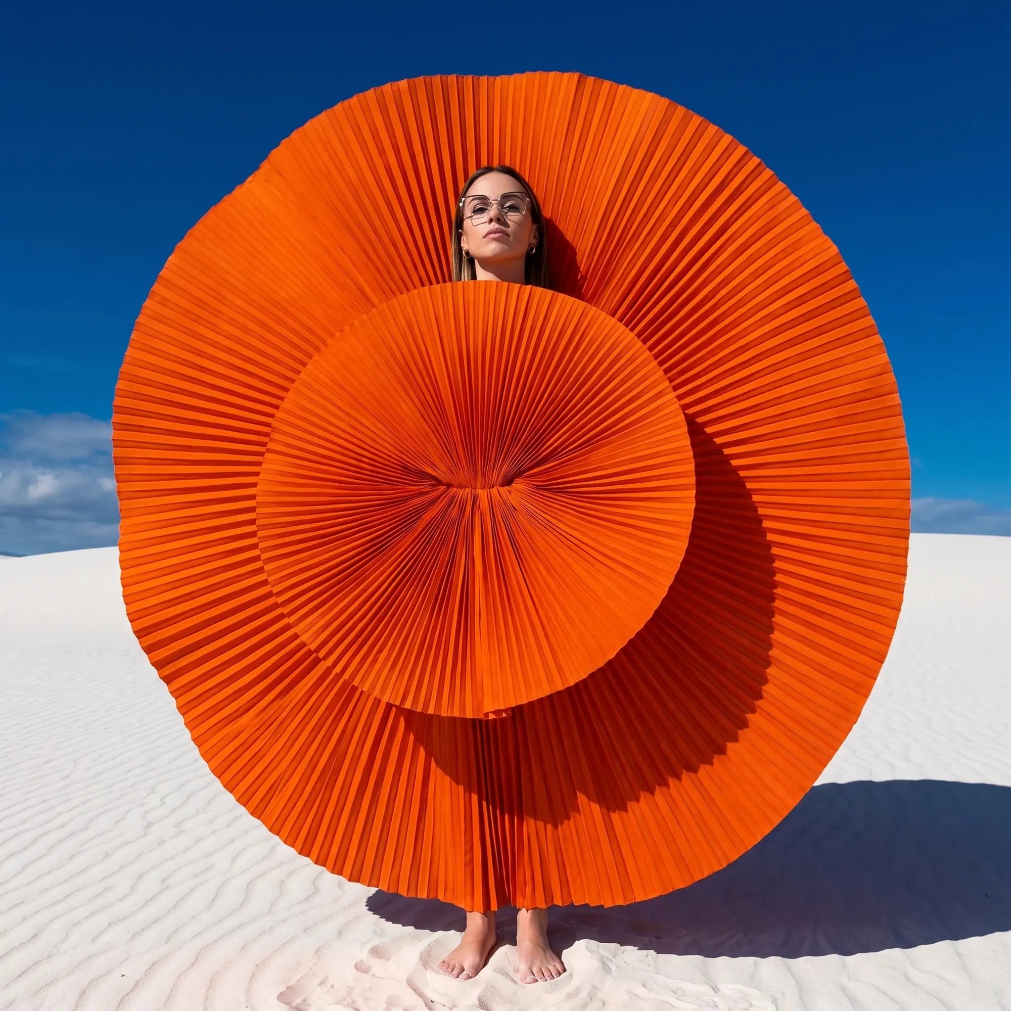 Fiore 3971 eyeglasses in brown gold, worn by a model – campaign portrait, sculptural orange pleated fan on white dunes