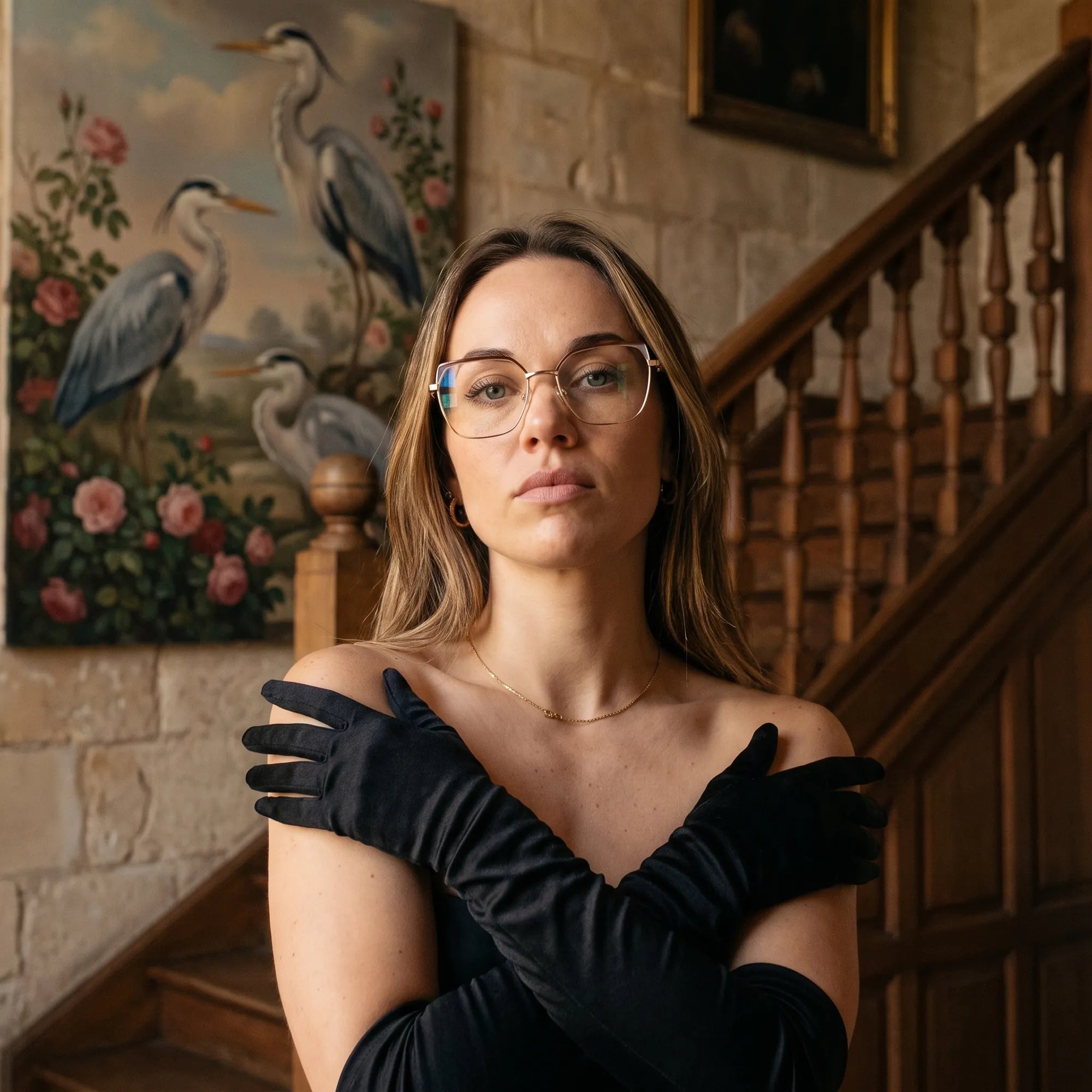 Fiore 3971 eyeglasses in brown gold, worn by a model – campaign portrait, manor interior, heron painting and opera gloves