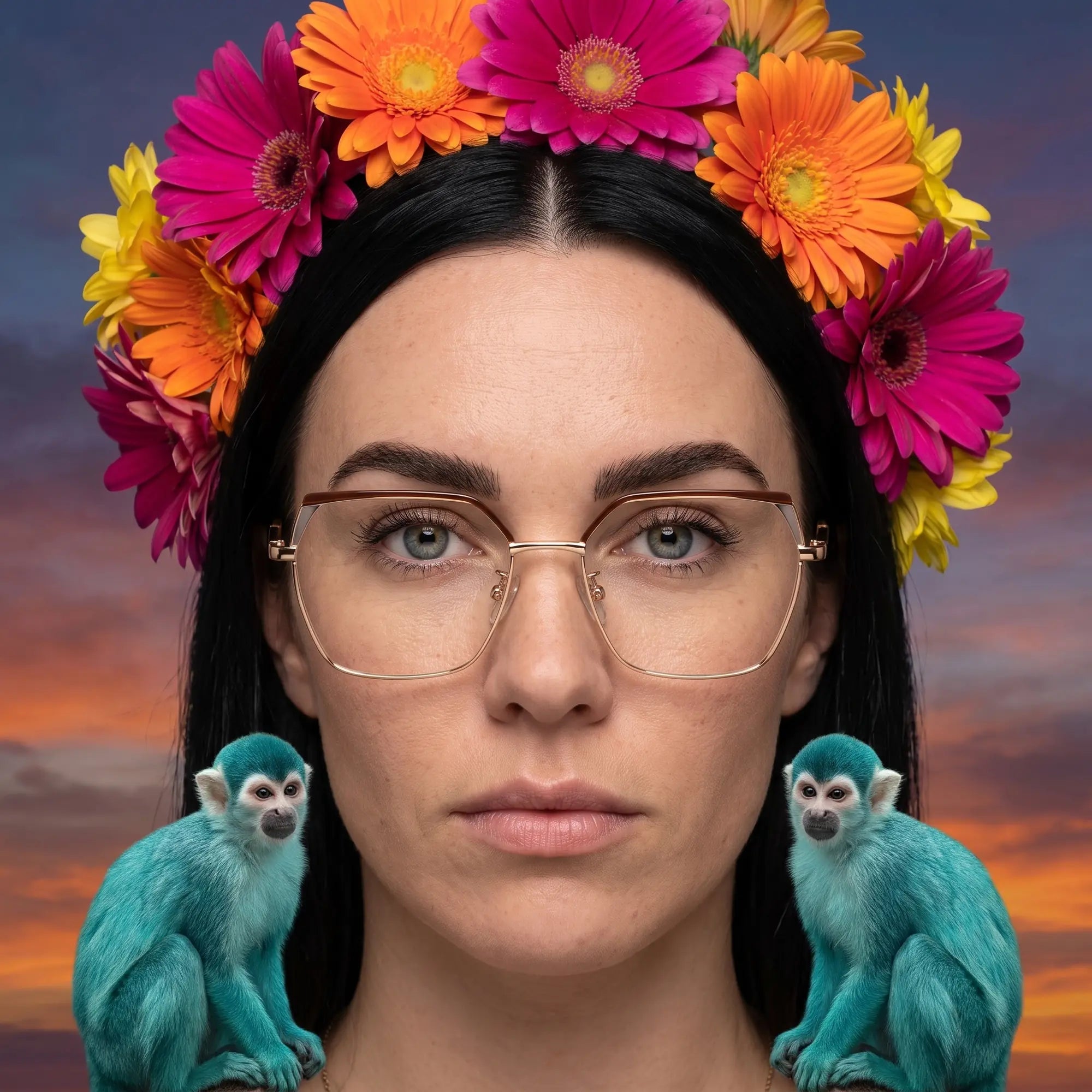 Fiore 3971 eyeglasses in brown gold, worn by a model – campaign portrait, surreal painted portrait with flower crown