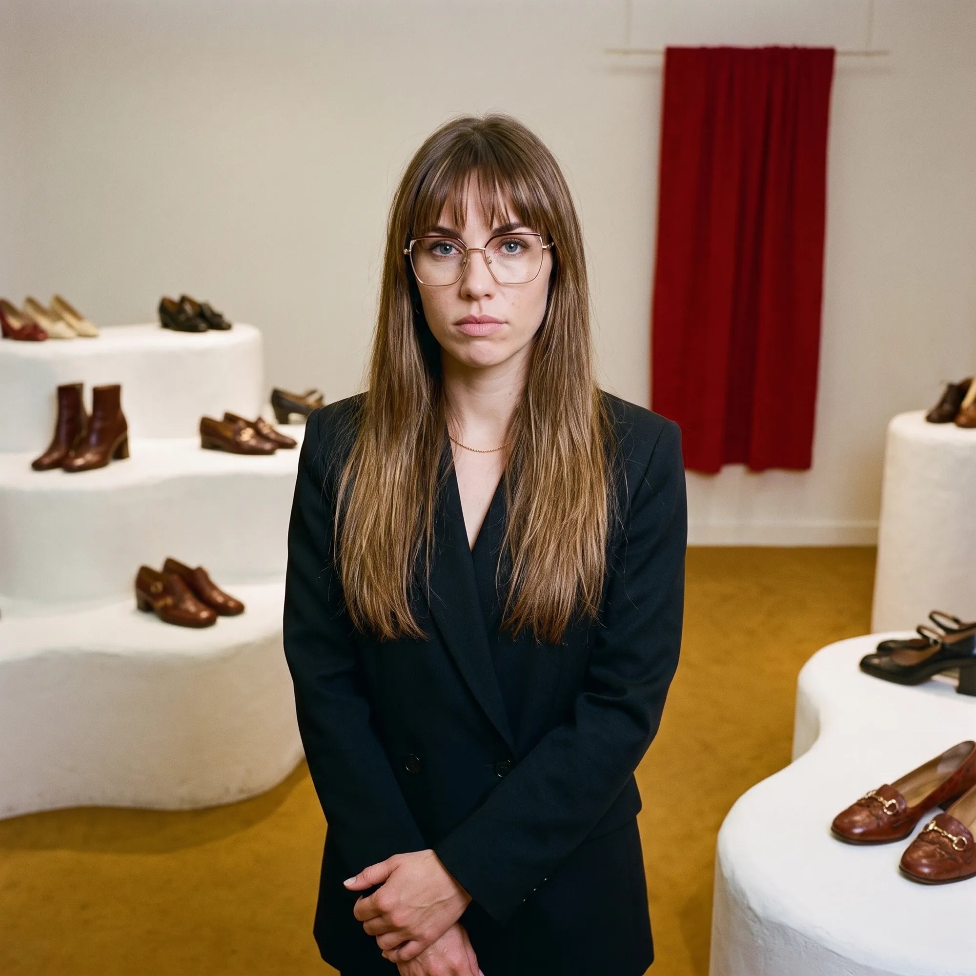 Fiore 3971 eyeglasses in brown gold, worn by a model – campaign portrait, gallery scene with red curtain and plinths