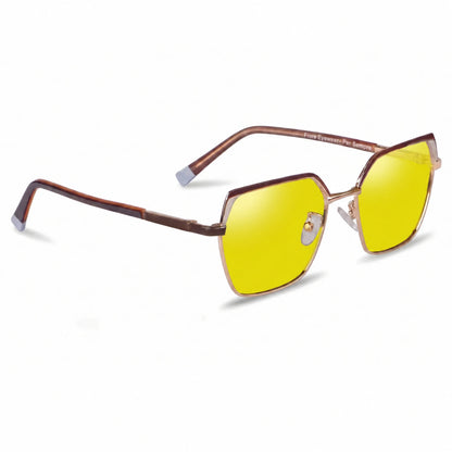 Fiore 3971 geometric sunglasses, brown steel frame, yellow polarized lens, three-quarter view · ReFramed