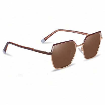 Fiore 3971 geometric sunglasses, brown steel frame, brown polarized lens, three-quarter view · ReFramed