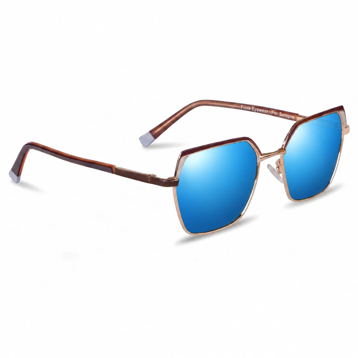 Fiore 3971 geometric sunglasses, brown steel frame, mirrored blue polarized lens, three-quarter view · ReFramed