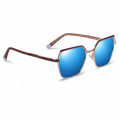 Fiore 3971 geometric sunglasses, brown steel frame, mirrored blue polarized lens, three-quarter view · ReFramed