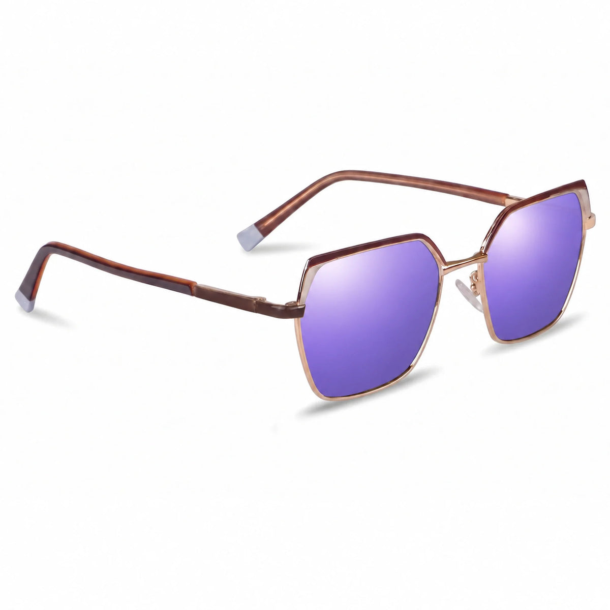Fiore 3971 geometric sunglasses, brown steel frame, mirrored purple polarized lens, three-quarter view · ReFramed
