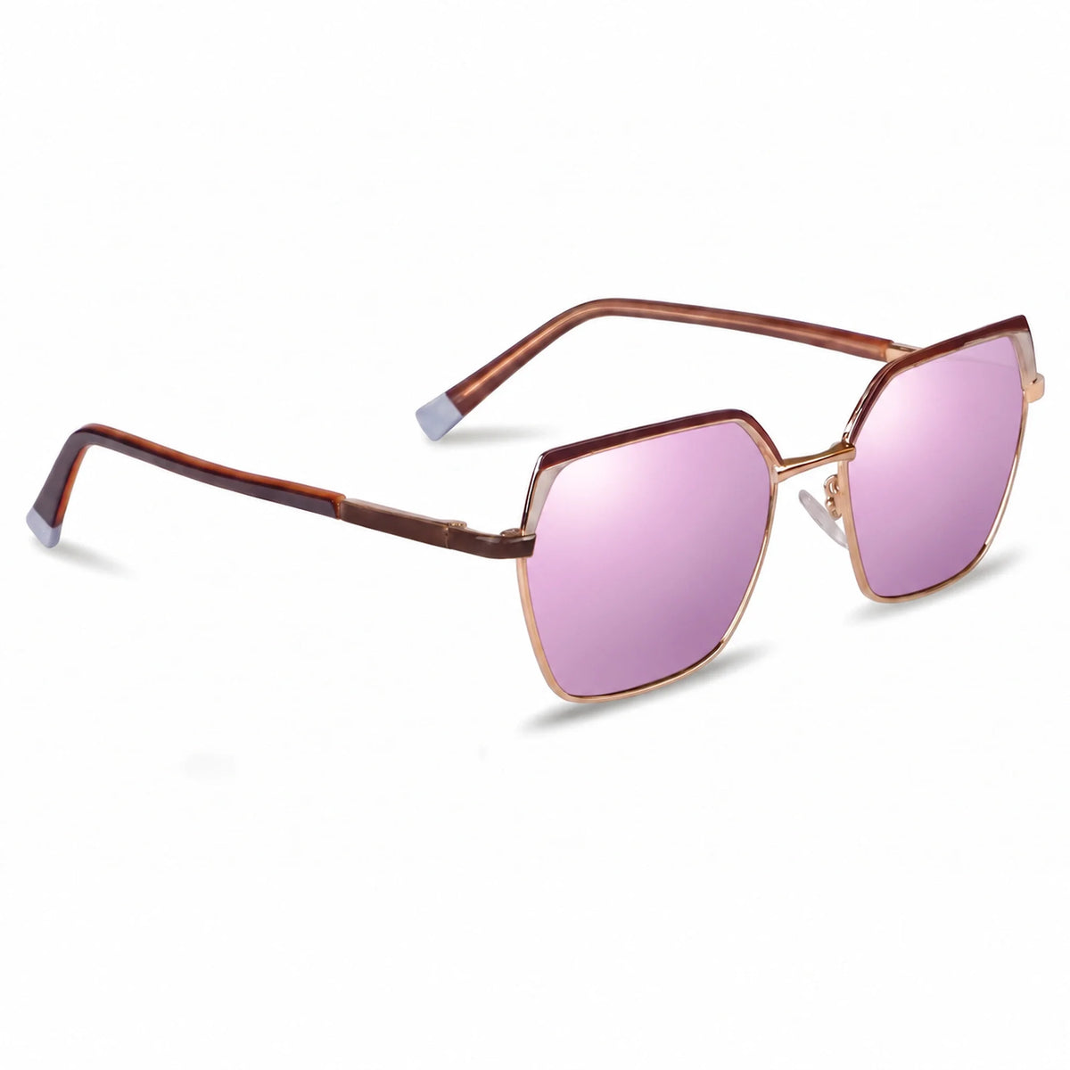 Fiore 3971 geometric sunglasses, brown steel frame, mirrored pink polarized lens, three-quarter view · ReFramed