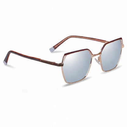 Fiore 3971 geometric sunglasses, brown steel frame, mirrored silver polarized lens, three-quarter view · ReFramed