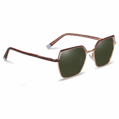 Fiore 3971 geometric sunglasses, brown steel frame, G15 polarized lens, three-quarter view · ReFramed