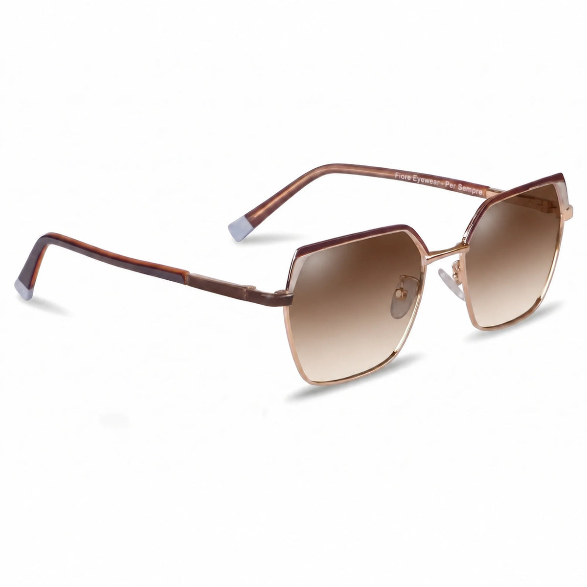 Fiore 3971 geometric sunglasses, brown steel frame, gradient brown polarized lens, three-quarter view · ReFramed