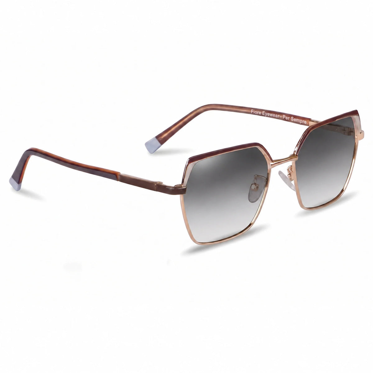Fiore 3971 geometric sunglasses, brown steel frame, gradient gray polarized lens, three-quarter view · ReFramed