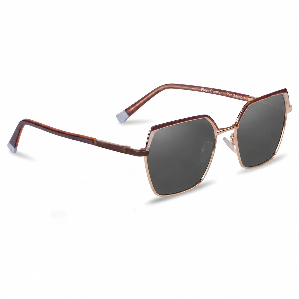 Fiore 3971 geometric sunglasses, brown steel frame, black polarized lens, three-quarter view · ReFramed