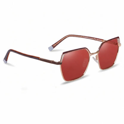 Fiore 3971 geometric sunglasses, brown steel frame, red polarized lens, three-quarter view · ReFramed