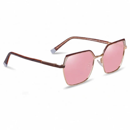 Fiore 3971 geometric sunglasses, brown steel frame, pink polarized lens, three-quarter view · ReFramed